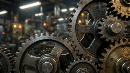 Rusty industrial gears in a factory setting with machinery and equipment, conveying a sense of industry and manufacturing