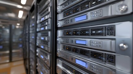 A row of modern server racks with illuminated blue indicator lights in a data center