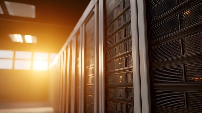 Modern server racks illuminated by warm dawn sunlight in a data center