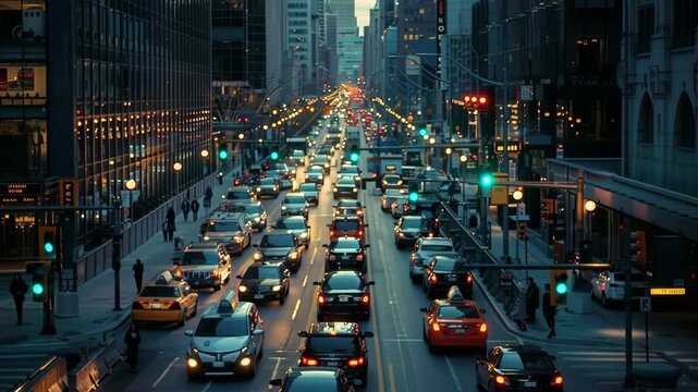 Aerial view of a bustling city street at dusk, capturing the vibrant energy of urban life. Perfect for a time-lapse video showcasing city dynamics. Live desktop wallpaper.