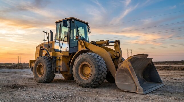 A heavy-duty wheel loader sits at a construction site during a breathtaking sunset, surrounded by a rugged landscape and power lines, evoking a sense of industry and progress.