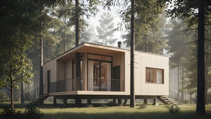 Fototapeta premium Modern eco friendly tiny house with wooden deck in serene forest setting with tall trees and misty atmosphere
