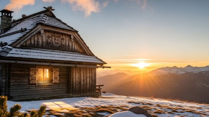 Cozy wooden cabin on snowy mountain slope at sunrise warm glow in window serene winter landscape