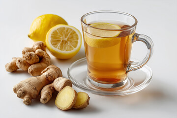 Enjoy a warm cup of ginger tea with fresh lemon slices and ginseng on a relaxing afternoon Generative AI
