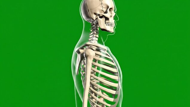 Human skeleton anatomy illustration on green background.