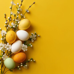 Brightly colored eggs rest among delicate flowers, celebrating the spirit of Easter with cheer Generative AI