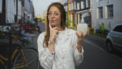 Woman scientist in lab coat holding soap dispenser with finger to chin on street; hygiene awareness confident.