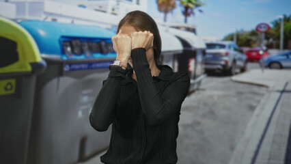 Fototapeta premium Woman with fists raised and clenched hands by recycling containers on a sunny city street, boxing guard stance; urban determination.