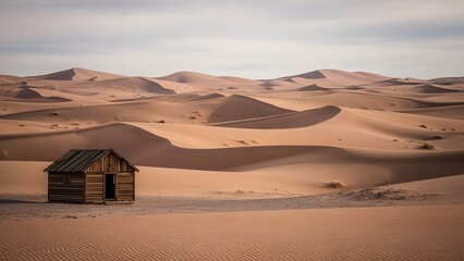 Small wooden cabin standing alone in vast desert landscape with rolling sand dunes under cloudy sky