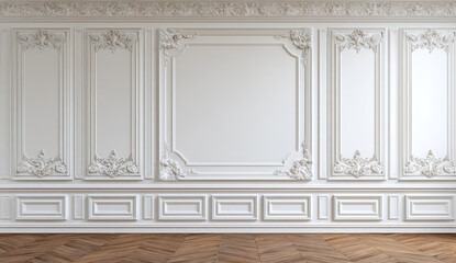 Obraz premium Large white wall with intricate classic paneling featuring ornate moldings and decorative trim in elegant interior design