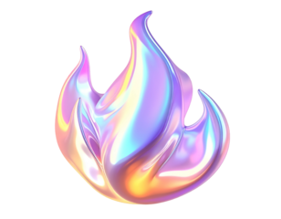 Iridescent, stylized flame shape with smooth, reflective, gradient surfaces