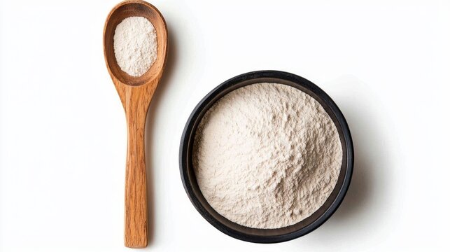 Showcasing high-fiber psyllium powder in a bowl against a minimalist backdrop.