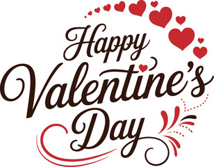 A decorative happy valentine's day message adorned with an arc of red hearts