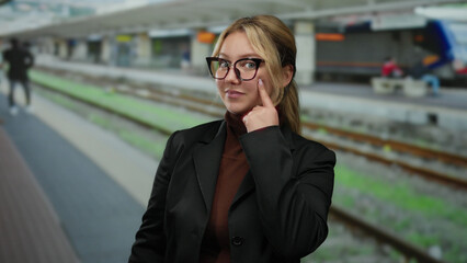 Fototapeta premium Woman at train station pointing to eye wearing glasses and black jacket with background of railway platform outdoors in daylight, standing confidently and smiling slightly.