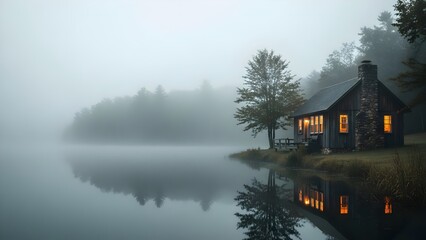 Fototapeta premium Cozy cabin on serene lake shore with foggy forest background at dusk warmly lit windows reflecting on calm water surface