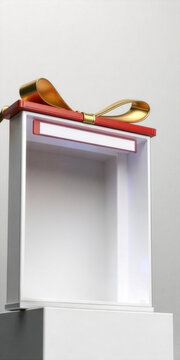 Minimal luxury white gift box with gold and red ribbon, empty display packaging, 3D render