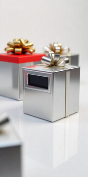 Luxury white gift box with rose gold ribbon on glossy surface, minimal modern 3D render

