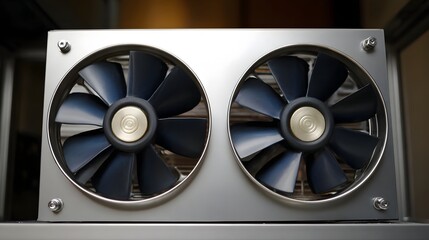 Two industrial cooling fans mounted on a silver metal chassis for computer hardware