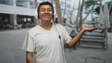 Fototapeta premium Man with headphones presenting palm up by a hotel building entrance near palm trees and lounge chairs; music listening relaxed.