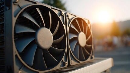Two large computer cooling fans illuminated by warm afternoon sunlight outdoors