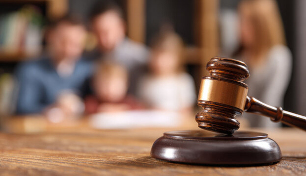 Legal concept of justice represented by a wooden gavel resting on a sound block in a courtroom setting with blurred family group background