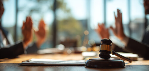 Legal dispute resolution scene featuring a judge's gavel, with a lawyer and clients in a modern courtroom or office setting engaging in a discussion with hand gestures