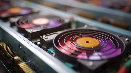 Close up view of vibrant colorful computer hardware cooling fans on circuit boards illuminating a technological environment