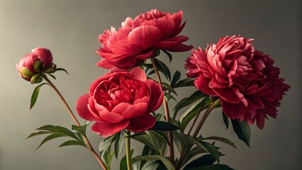 Obraz premium Vibrant red peony flowers arranged gracefully with lush green leaves on a soft gray background