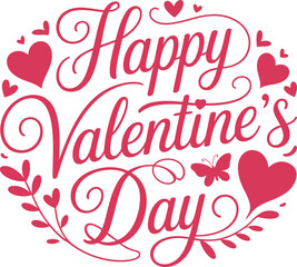 Happy valentine's day elegant script design with hearts, leaves, and a charming butterfly