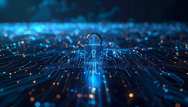 Cybersecurity Fortress: An illuminated digital padlock, the focal point of a circuit board, represents the crucial need for robust cyber-security within the technological world.