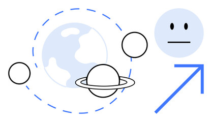 Space exploration, human emotions, future goals, growth, cosmic connection, scientific discovery. A planet with orbit rings, celestial bodies a neutral face and an upward arrow. Space exploration © robu_s