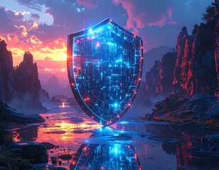 A futuristic shield glowing with blue light stands in a serene landscape with a river and mountains at sunset