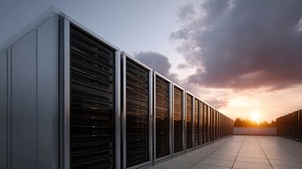 Rows of modern server racks stand outside under a dramatic twilight sky with the setting sun casting a warm glow on the technology