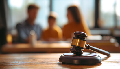 Legal gavel with wooden base and gold accents in a courtroom setting with a family lawyers scene in the background