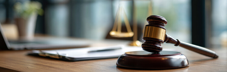 Legal gavel and scales of justice resting on documents in a professional office setting