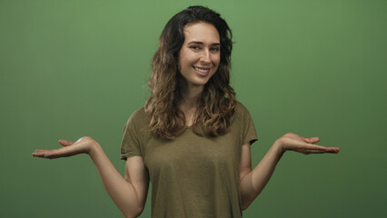 Young hispanic woman holds both palms up in studio as if weighing options with a gentle smile and relaxed posture; confidence choice balance.