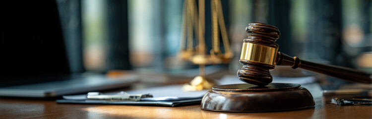 Legal workspace with wooden gavel and brass scale on top of organized documents and laptop in a court or law office setting