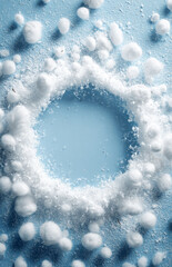 Light blue background with a circular frame made of snow and ice, featuring textured snowballs and icy surface details, creating a winter-themed decorative border