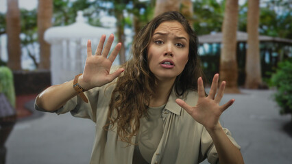 Hispanic woman presses palms forward in forest clearing with wide eyes and tense posture while wearing wristwatch; fear.