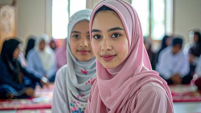 Muslim Women Praying Together in Mosque.