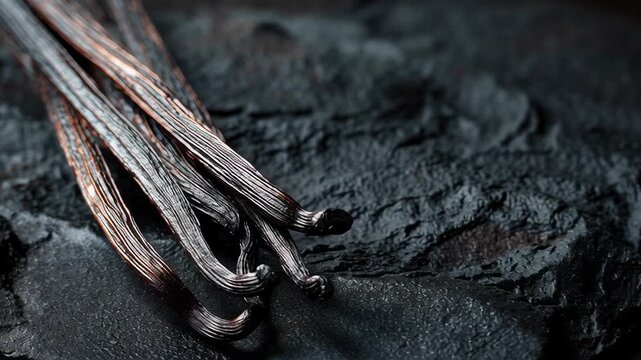 Vanilla beans culinary gourmet food, premium whole vanilla pods styled elegantly on dark stone surface, refined gourmet food presentation, soft directional lighting, shallow depth of field, cinematic 