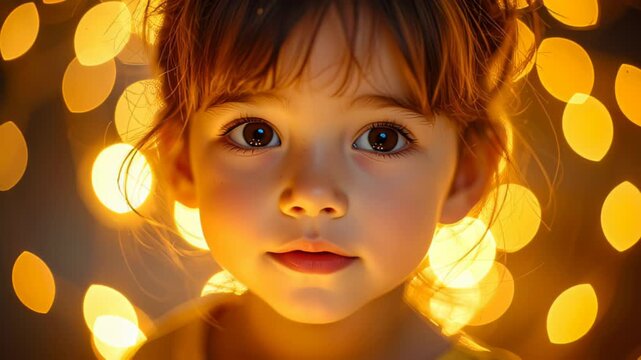 Young Girl Surrounded by Warm Glowing Lights.