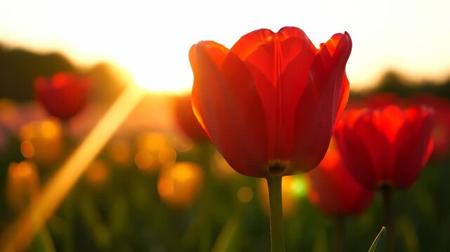 A vibrant red tulip stands tall against a beautiful sunset, highlighting nature's colors in the garden. The scene captures the beauty of the tulip as it basks in the golden sunlight.