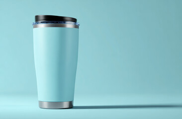 Light blue stainless steel travel tumbler with a sleek matte finish and a black lid, standing on a pastel blue background