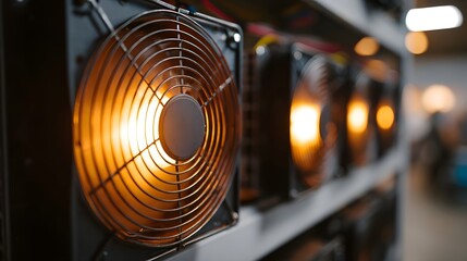 The image captures the intense glow of multiple cooling fans on server hardware suggesting active data processing