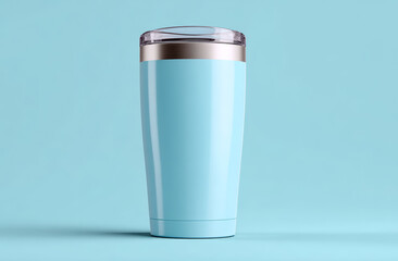 Light blue stainless steel insulated tumbler with glossy smooth surface and metallic silver lid, modern travel mug design