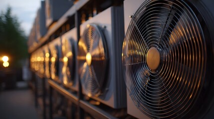 Row of industrial cooling fans illuminated by warm golden light at dusk