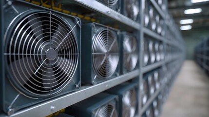 Rows of industrial server racks with active cooling fans in a dimly lit facility