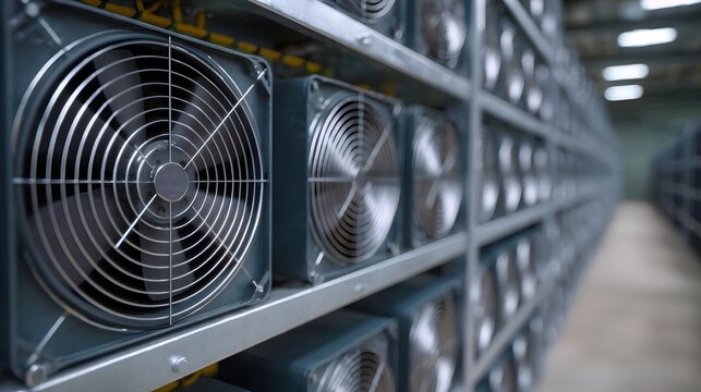 Rows of industrial server racks with active cooling fans in a dimly lit facility - Powered by Adobe