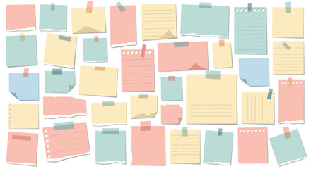 Large collection of colorful blank sticky notes and paper scraps with adhesive tape isolated on a white background for office reminders.